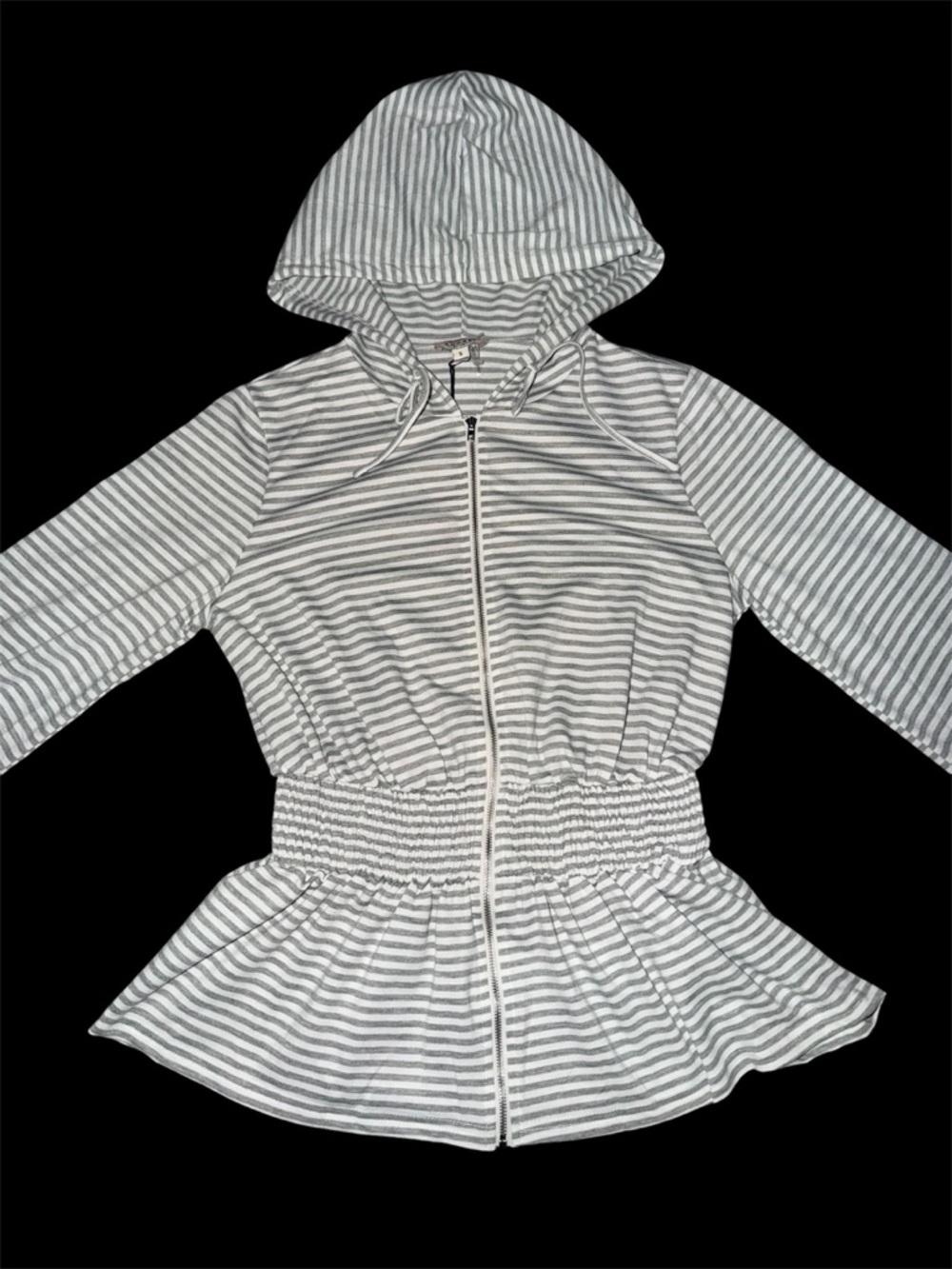 ANDREE BY UNIT Gray and White Striped Hooded Zip Peplum Sweater